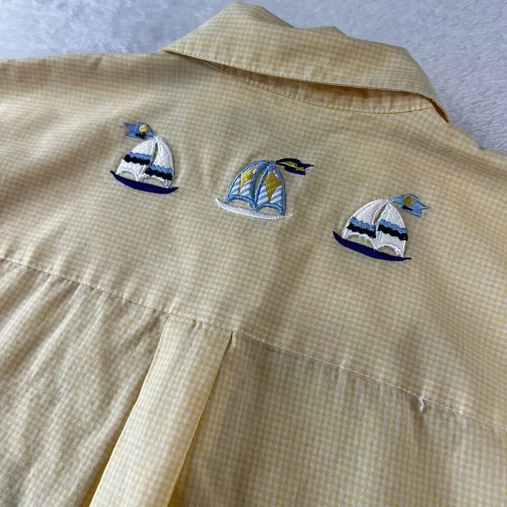 Karen Scott Yellow Button Down Blouse Shirt Embroidered Boat Nautical Size Small
